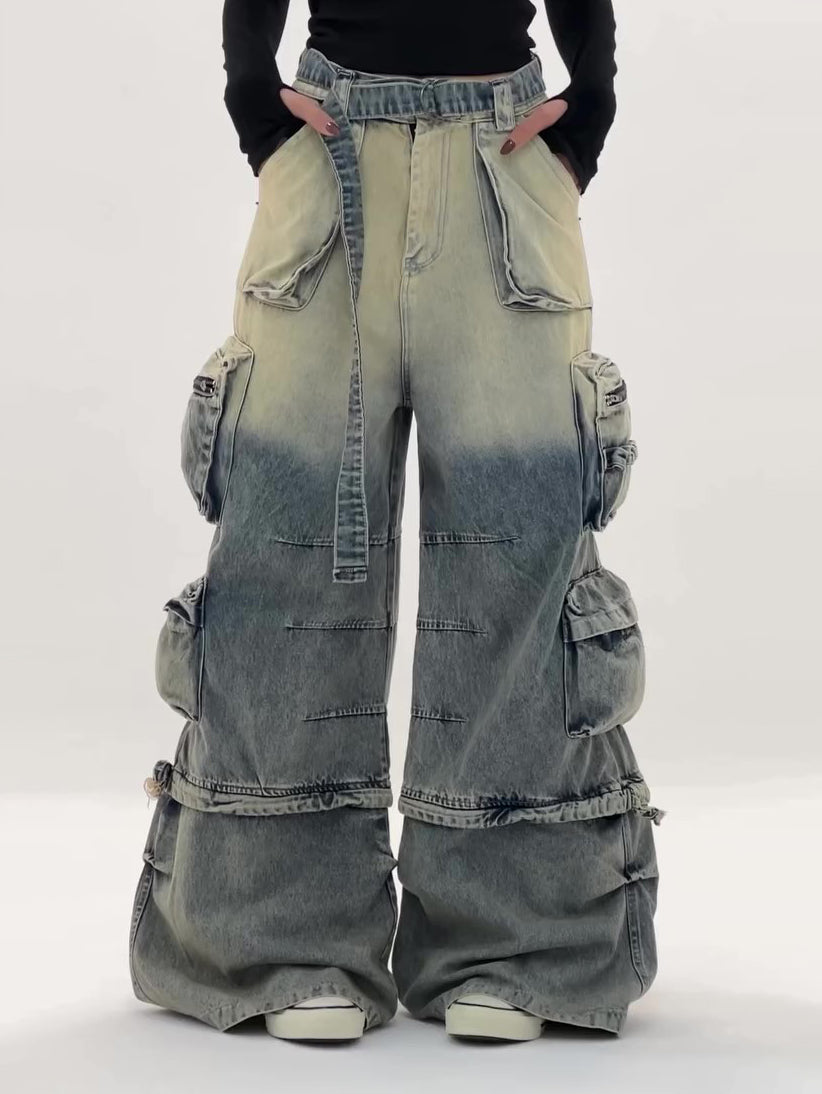 High-Waisted Ombre Cargo Jeans With Multiple Pockets