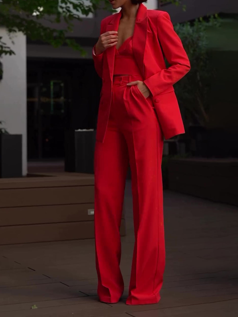 Classic Solid Color Suit & Camisole & High-waisted Pants Three-piece Suit