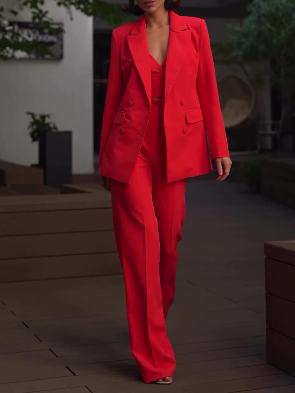 Classic Solid Color Suit & Camisole & High-waisted Pants Three-piece Suit