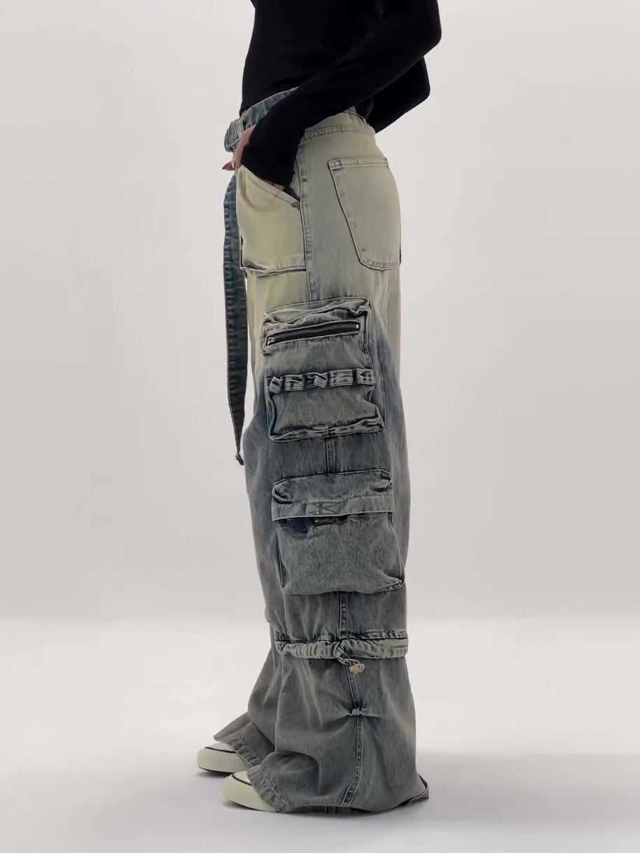 High-Waisted Ombre Cargo Jeans With Multiple Pockets